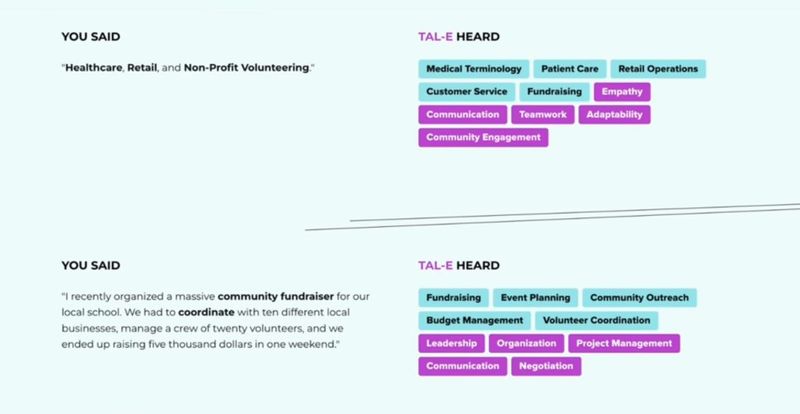 TAL-E skill recognition interface showing two examples: user input describing healthcare and retail experience on the left, with color-coded skill tags identified by the tool on the right